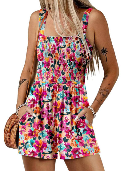 💃Kvinnor Sommar Square Neck Sleeveless Lös Casual Kort Smockad Romper✨