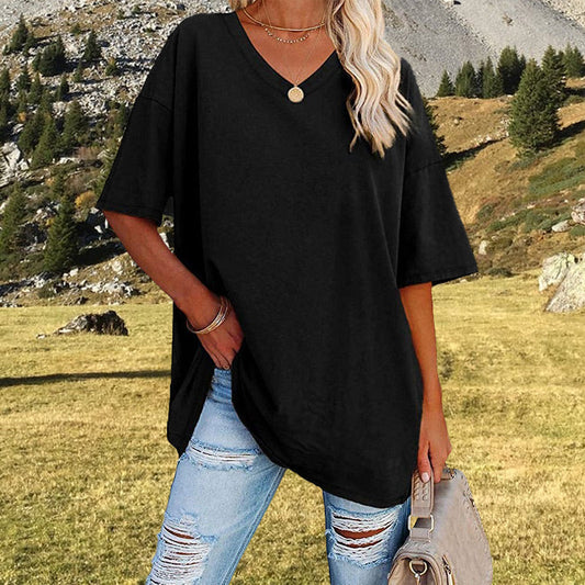 👚 45% RABATT NU! 🌿 Damernas casual V-ringad T-shirt – Mjuk bomullsblandning & flödande fåll – Luftig vardagsfavorit – perfekt för varma dagar eller avslappnad stil 🍃
