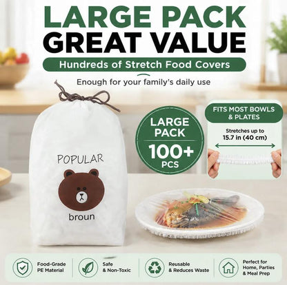 📢📢【Begränsat Erbjudande – Köp 1 få 1 gratis】🔥 100 st Engångs Sträckfilm för Skålar och Tallrikar, Elastiska Behållarlock, Alternativ till Plastfolie för Matrester, Frukt, Grönsaker och Matförvaring i Köket