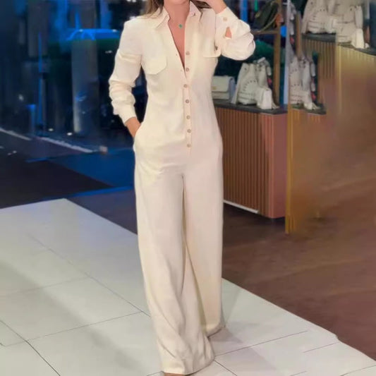 💥Zeitlich begrenzt 53 % RABATT 💕Einfarbiger Button-Down-Jumpsuit mit Revers für Damen