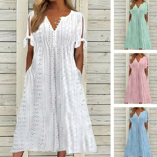 👗 50% OFF NOW!✨ Elegant V-Neck Dress with Cutouts – Airy Cotton Linen & Intricate Hollow Pattern – Perfect for Summer Parties & Romantic Evenings 🌸
