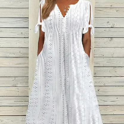 👗 50% OFF NOW!✨ Elegant V-Neck Dress with Cutouts – Airy Cotton Linen & Intricate Hollow Pattern – Perfect for Summer Parties & Romantic Evenings 🌸