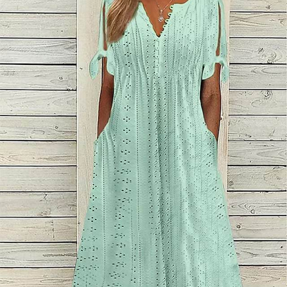 👗 50% OFF NOW!✨ Elegant V-Neck Dress with Cutouts – Airy Cotton Linen & Intricate Hollow Pattern – Perfect for Summer Parties & Romantic Evenings 🌸