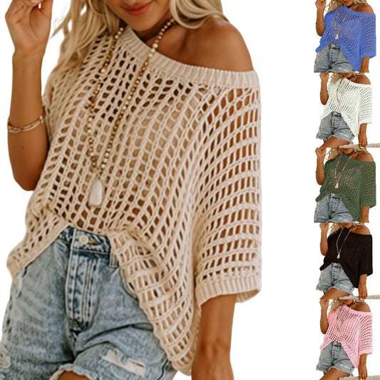 💕 54% RABATT ☀️ | Dam Sommar Scoop Neck Tröja – Virkad & Hålmönstrad Strandoverdrag
