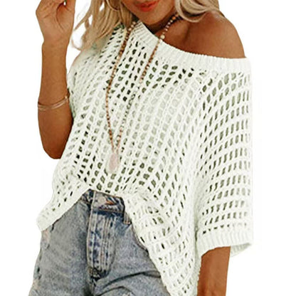 💕 54% RABATT ☀️ | Dam Sommar Scoop Neck Tröja – Virkad & Hålmönstrad Strandoverdrag