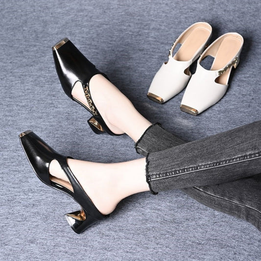 🏖️Summer Specialerbjudanden🌴Kvinnor Casual Metall Square Toe Mid Block Heel Mule