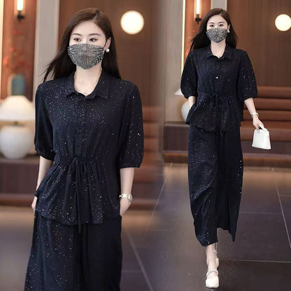 ⏳ Tidsbegränsad Special⏰Fashion Solid Color Sparkle Shirt & Wide-Leg Pants Set