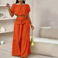 Off-Shoulder topp med puffärm och byxor med vida ben 2-delat set