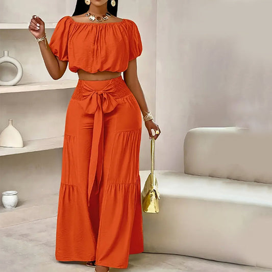 Off-Shoulder topp med puffärm och byxor med vida ben 2-delat set