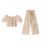 Off-Shoulder topp med puffärm och byxor med vida ben 2-delat set