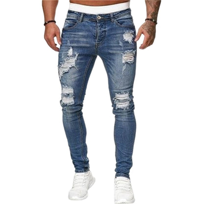 👖58% RABATT! 🔥 Snygga slitna skinny jeans för män – Slim Tapered Passform, Andningsbar Bomull och Eleganta Rivna Detaljer