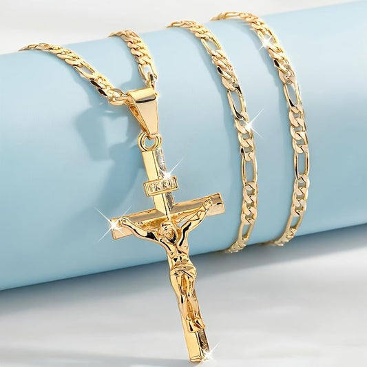 ✨ Guldkrucifixhalsband – Detaljerat INRI-motiv, justerbar figarokedja och glittrande finish 💛