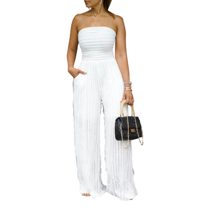 👗 57% RABATT! 🔥 Axelbandslös Krinklad Jumpsuit med Vida Ben – Elegant, Bekväm & Perfekt För En Trendig Sommarlook 💃
