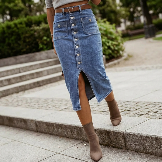 👗 55% RABATT! ⏳ Högmidjad Denimkjol med Knappar Fram – Klädsam A-linje, Justerbar passform & Klassisk stil 💙