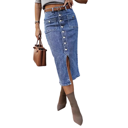 👗 55% RABATT! ⏳ Högmidjad Denimkjol med Knappar Fram – Klädsam A-linje, Justerbar passform & Klassisk stil 💙