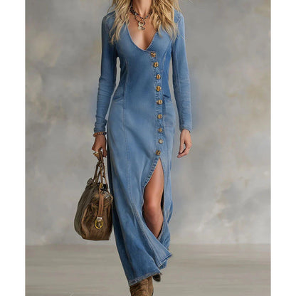 👗60% RABATT!🔥 Långärmad maxiklänning med v-ringning för dam – Mjukt tyg, åtsittande passform och elegant hög slits 💫💃