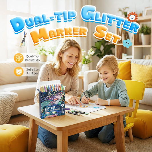 ✨ 50% RABATT NU! 🎨 24-Färgers Dubbeländsglittermarkörset – Pensel & Fin Spets, Levande Glitter & Giftfritt! 🖌️