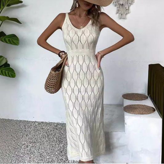 👗 52% RABATT! ✨ Elegant V-ringad Stickad Klänning – Hålmönster – Andningsbar, Figursydd & Perfekt för Fina Tillfällen 💃