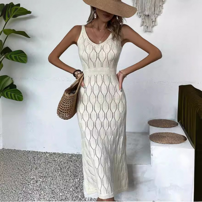 👗 52% RABATT! ✨ Elegant V-ringad Stickad Klänning – Hålmönster – Andningsbar, Figursydd & Perfekt för Fina Tillfällen 💃