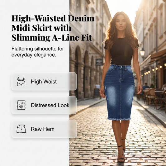 👗 45% RABATT 🔥 | Denimkjol med Hög Midja & Slitna Kanter – A-linje & Vintage-tvätt