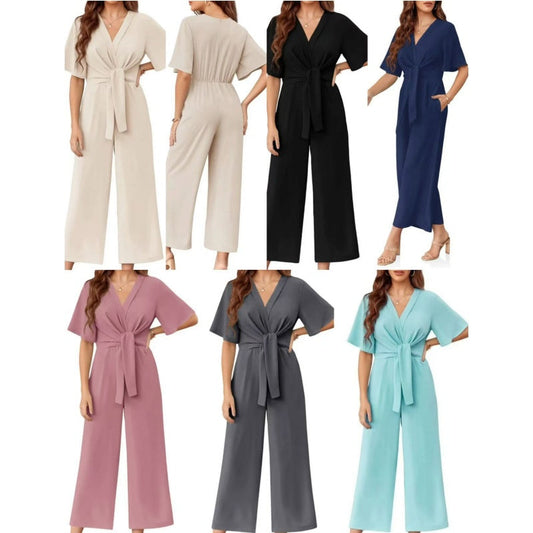 Elegant jumpsuit för dam med V-ringning, vida ben och knytning i midjan