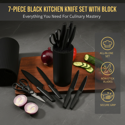 🔪 50% RABATT NU! ✨ Modern 7-i-1 Kökskniv & Sax Set – Komplett 7-delar, Non-Stick Belagd & Ergonomiska PP Handtag – Sleek Svart Design 🖤