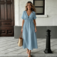 👗 50% RABATT NU! 🌸 Kvinnors Sommar V-ringad Knytfront Midi Klänning – Kejsarskuren, Flödande A-linje & Andningsbar Bomullsblandning ☀️