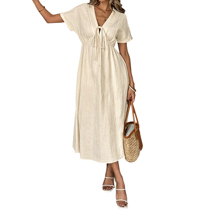 👗 50% RABATT NU! 🌸 Kvinnors Sommar V-ringad Knytfront Midi Klänning – Kejsarskuren, Flödande A-linje & Andningsbar Bomullsblandning ☀️