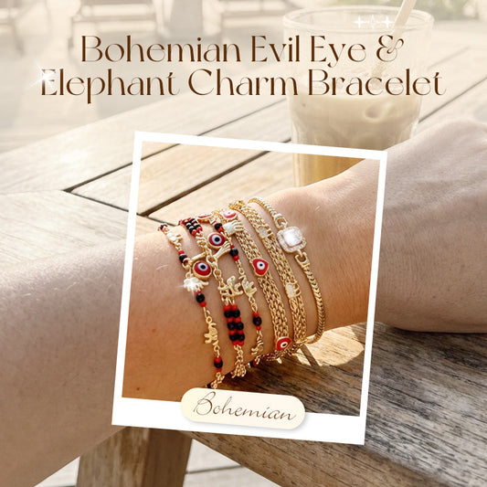 📿 60% RABATT NU! 🐘 Bohemian Ont Öga Armband – Elefant & Hamsa Berlocker – Guldfärgad & Justerbar ✨