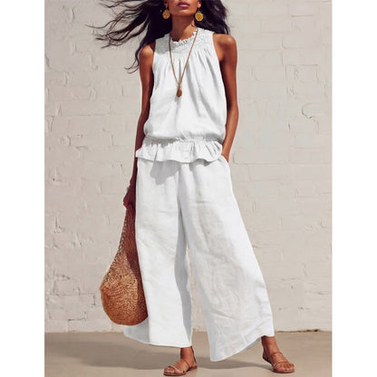 👗 50% RABATT NU! 🌺 Kvinnors 2-delat Ärmlöst Set – Smockad Halsringning Topp + Vida Byxor – Luftig Semesterstil, Mjuk & Andningsbar ✨