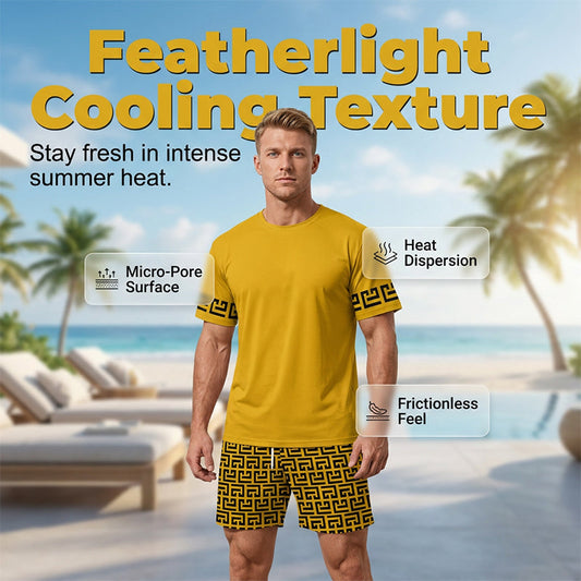 👕 50% RABATT! 💛 Herr gul grafisk tryckt kortärmad träningsset – Bekväm, sportig & perfekt för träning och fritid – stick resistant & sval bomull 🔥