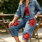 Dam jeans med blomapplikation – vida ben, mjuk denim & unik konstnärlig design 🌸👖✨