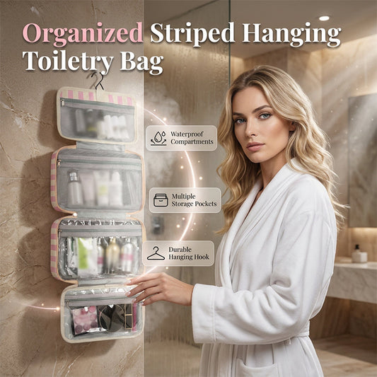 🧳40% RABATT  NU!!  ✨ Randig Hängande Resväska för Toalettartiklar – 4 Fack, Vattenresistent, Vikbar 🛅