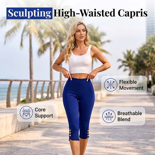 👖50 % RABATT! ✨Mageformande stretchiga capribyxor – hög midja, 4-vägsstretch, eleganta detaljer 🌼