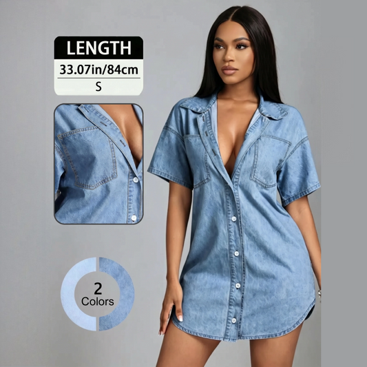 👚 50% RABATT! 🌸 Damskjorta i denim med lös passform, kavajkrage & kortärmad – Skön, ledig & perfekt för vardag eller semester – enkel att styla upp eller ner 👖
