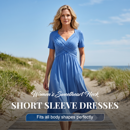 👗💙 50% RABATT IDAG! ✨ Damklänning med V-ringning, kort ärm och lång passform 🌸 Elegant flytande passform, bekvämt tyg & enkel vardagsstil