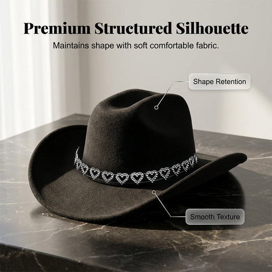 Cowboyhatt för damer med strasshjärta – elegant fedora i fransk jazzstil