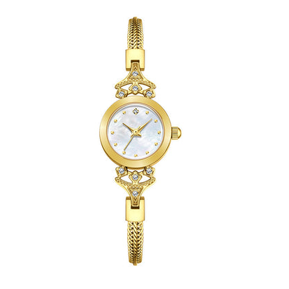 Elegant damklocka med pärlemorsskiva – kristallindex, flätat metallband & tidlös elegans ⌚✨