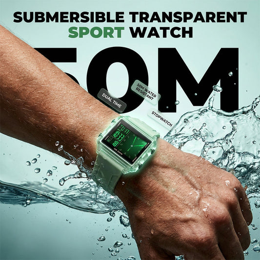 ⌚ 50% RABATT NU! 💦 Vattentät Sportklocka – Genomskinlig Design, Stoppur & Datum – Perfekt för Aktiv Livsstil 🏃