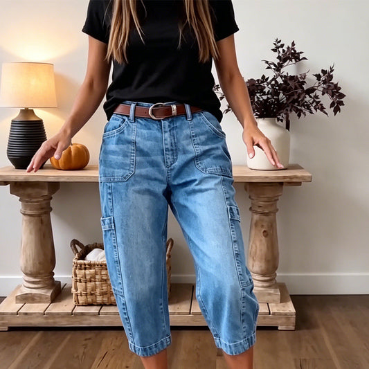 👖 50% RABATT NU! ✨ Korta Stretchiga Jeansbyxor för Dam – Avslappnad Barrel-passform & Mjuk Denim – Perfekt för Vardagen 🌿
