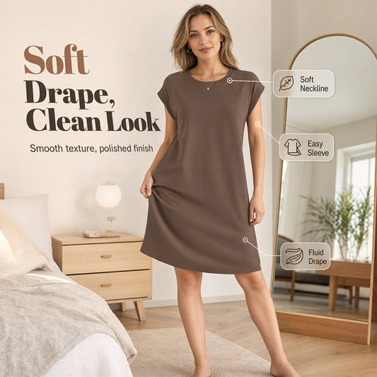 👗50% RABATT NU! 🌸 Damklänning med rund hals och enfärgad design – mjuk & lättviktig – perfekt för jobbet, stranden eller vardagselegans – mångsidig och bekväm ✨🌿