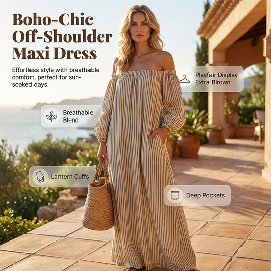 👗 50% RABATT NU! ✨ Off-shoulder Långklänning med Lanternärmar – Framhäver Axlarna & Döljer Överarmarna – Romantisk & Chic 🌸