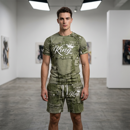 Herr Casual Fejk Denim Print T-shirt & Shorts Set