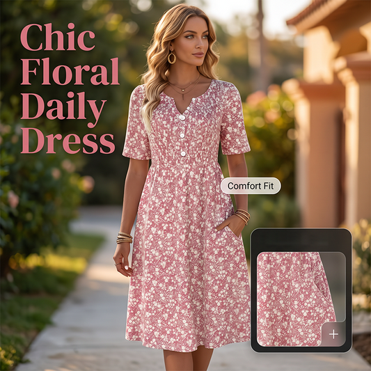 👗 50% RABATT NU! 🌸 Women's Casual V-Neck Print Dress with Pockets – Blommigt Mönster & Praktiska Sidofickor – Perfekt för Vardag & Sommar ☀️
