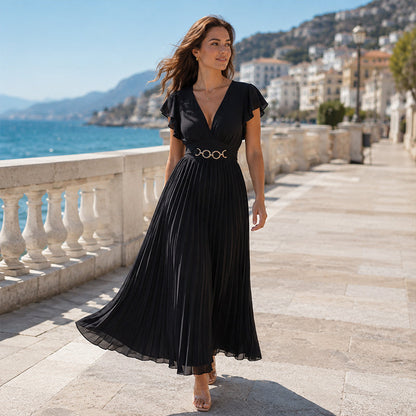 👗 50% RABATT NU! ✨ Dam Elegant V-ringad Plässerad Långklänning – Smickrande plässeringar, lättviktigt tyg & elegant flöde – Perfekt för fester, bröllop & sommarkvällar 🌸