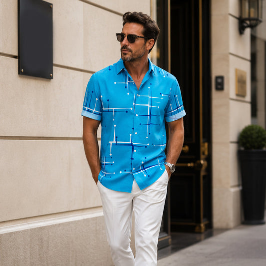☀️👔 TIDSBEGRÄNSAT 50% RABATT! Herr Geometriskt Tryck Avslappnad Passform Knappskjorta – Mjuk Sommarkänsla, Rymlig Komfort & Semesterredo Stil ✨
