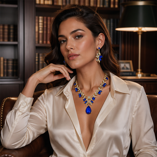 Set med halsband och örhängen med glittrande droppformade hängsmycken