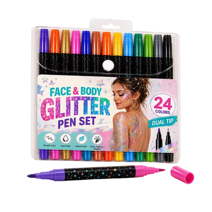 🌸 50% RABATT NU! 🌸24-färgat ansikte & kropp glittermarkerset med dubbla spetsar