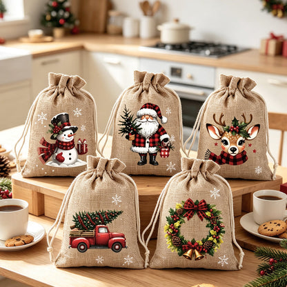 🎁 Julklappspåsar med dragsko – festliga tomte- & renmotiv, dubbel dragsko & hållbart tyg – julglädje i varje gåva ✨