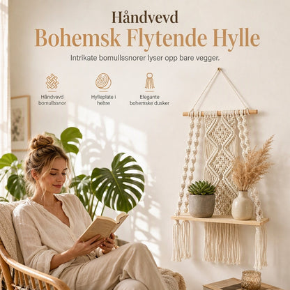 🏡 Bohemsk handvävd makramé vägghängd flytande hylla – för böcker & växter, skapar mysig hemkänsla ✨
